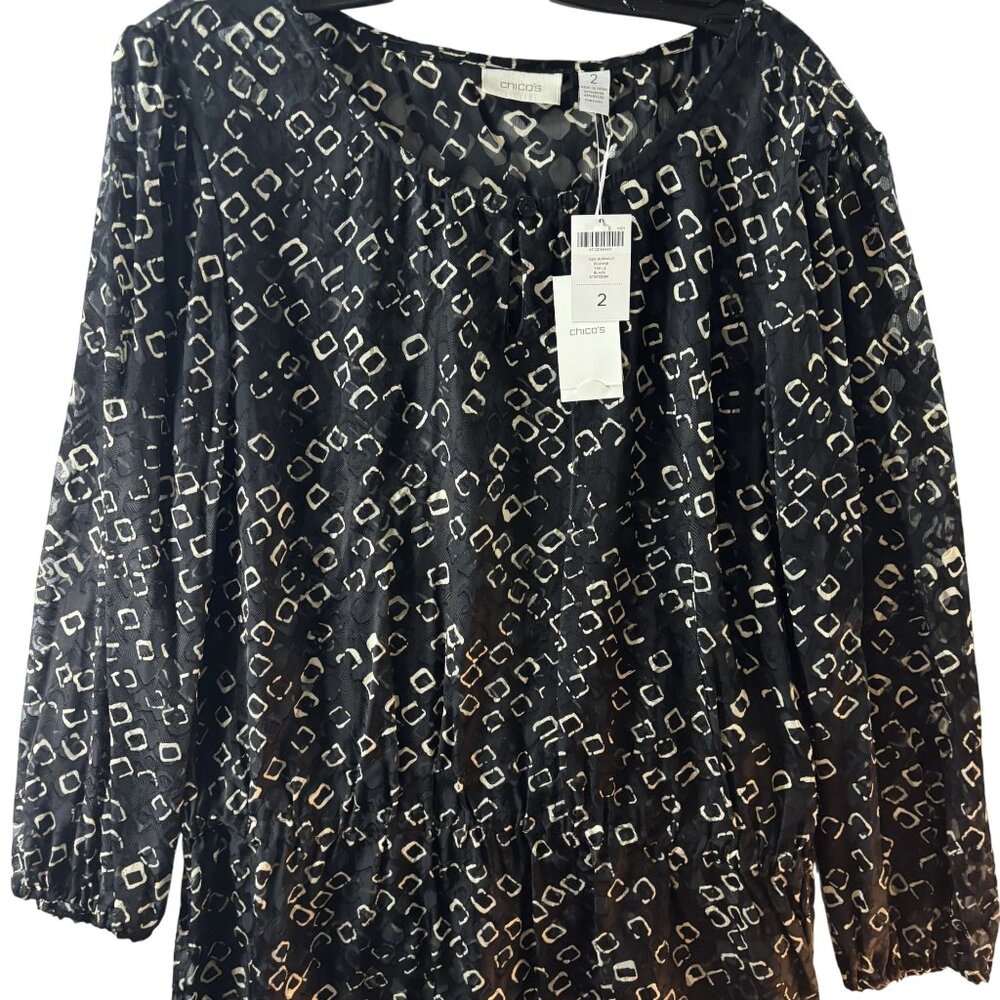 Chicos Black & White Semi-Sheer Geo Burnout Peasant Top Size 2 Polyester/Rayon B